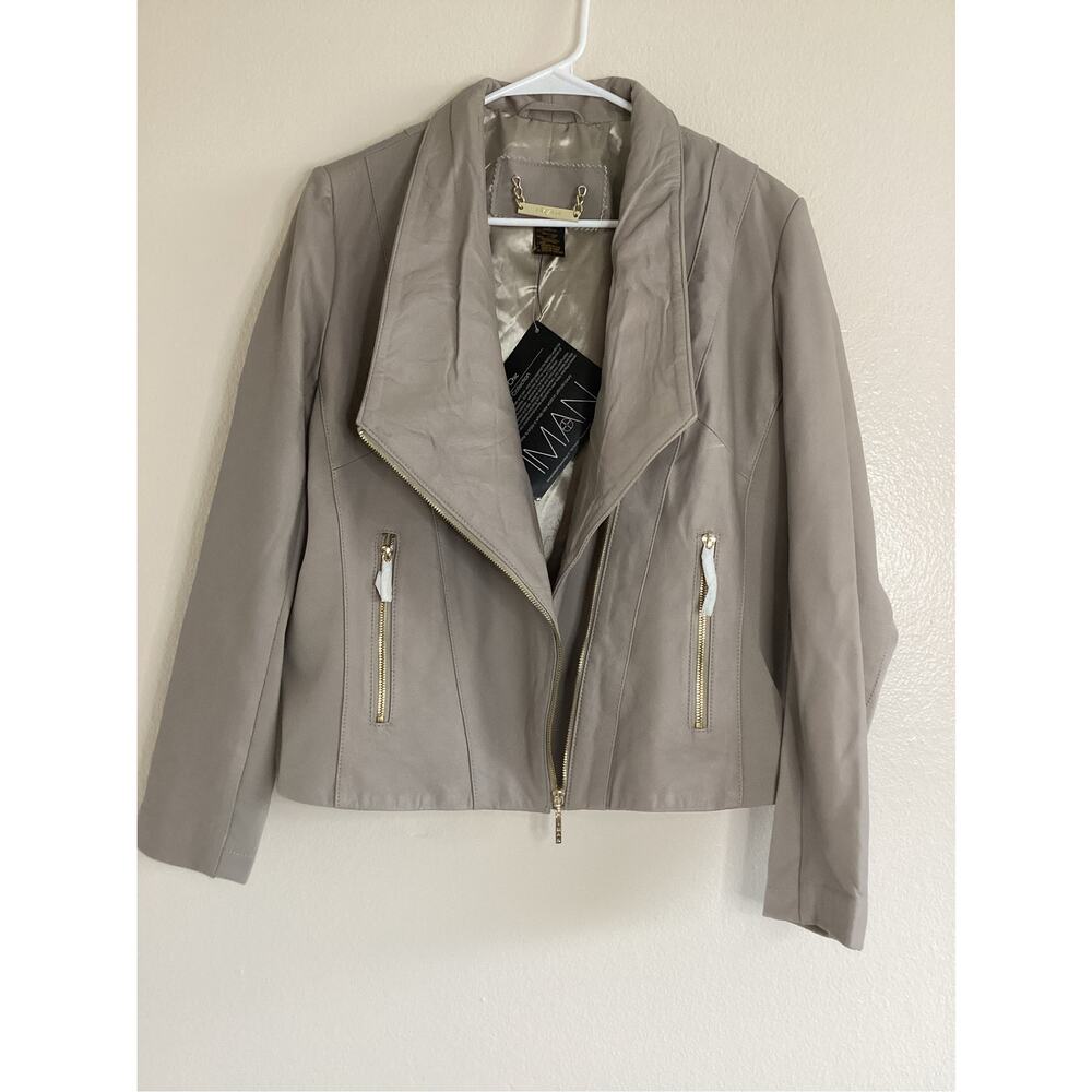 IMAN Genuine Leather Moto Jacket Taupe Gold Zip Asymmetrical Women’s L NWT